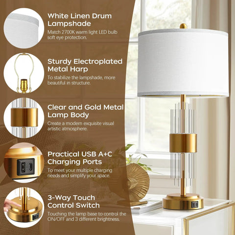 Dope Gold Table Lamp Set Of 2 With USB A And USB C Ports, Touch Control, Modern Brass Nightstand Lamps With Features Displayed