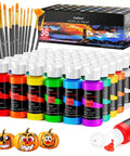 Acrylic Paint Set With 36 Dope Rich Pigment Colors, 2 Oz Bottles, 12 Brushes, shown with painted pumpkins.