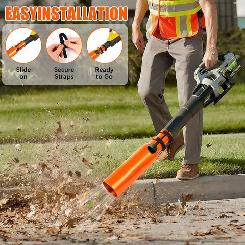 Turbo Leaf Blower Air Booster Kit With Universal Cordless High Flow Nozzle Extension in use blowing leaves on driveway.