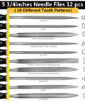 Pro Grade Metal File Set With 12 Needle Files And Storage Bag Including Large Flat Half Round Triangle And Round Files Plus Steel Brush For Woodworking Metalworking Leather And Plastic Durable Carbon Steel Long Lasting Sharpening displayed with 5 3/4 inch needle files labeled for patterns.