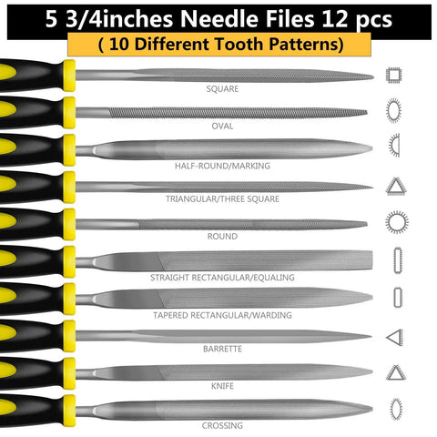 Pro Grade Metal File Set With 12 Needle Files And Storage Bag Including Large Flat Half Round Triangle And Round Files Plus Steel Brush For Woodworking Metalworking Leather And Plastic Durable Carbon Steel Long Lasting Sharpening displayed with 5 3/4 inch needle files labeled for patterns.