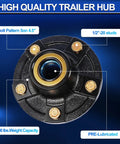 Close-up image of a pair of two 2000 lb idler hub assemblies for utility trailers with 5 on 4.5 bolt pattern.