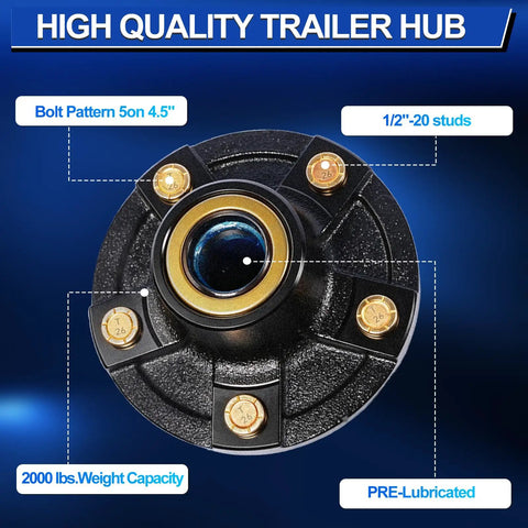 Close-up image of a pair of two 2000 lb idler hub assemblies for utility trailers with 5 on 4.5 bolt pattern.