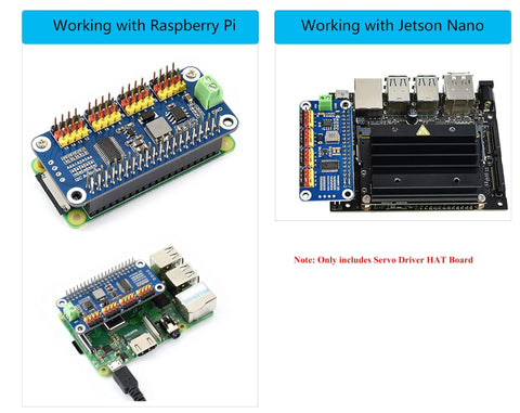 Dope Pro-Grade 16 Channel I2C Servo Driver Hat for Raspberry Pi and Jetson Nano, 12-Bit Resolution, shown installed on devices.
