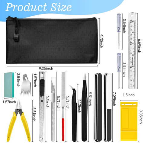 Pro Grade 20Pcs Gunpla Model Tools Kit showing tools with size dimensions, including knife, pliers, tweezers, and more.
