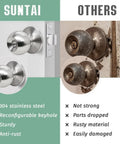 Comparison of brushed nickel round privacy door knobs showing modern versus old, rusted alternatives, keyless interior design.