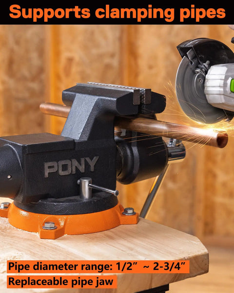 Beefy Heavy Duty Bench Vise With Six Inch Jaw 8800 Lbs Clamping Force 360 Degree Rotatable Base And Anvil Built For Woodworking Drilling Pipe Cutting And Metalworking In Home Shop Or Pro Workshop, shown clamping a pipe with sparks from cutting tool.