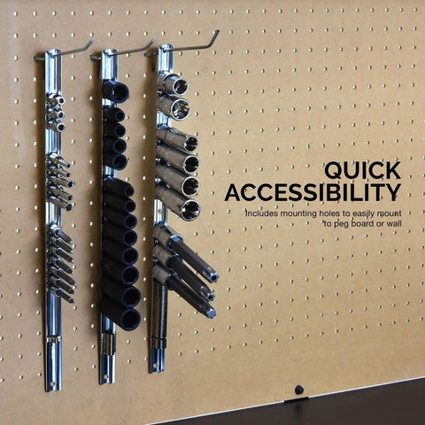 Socket Holder Rail 3 Piece Organizer Set For 1/4, 3/8, And 1/2 Inch Drive Sizes mounted on a pegboard for easy access