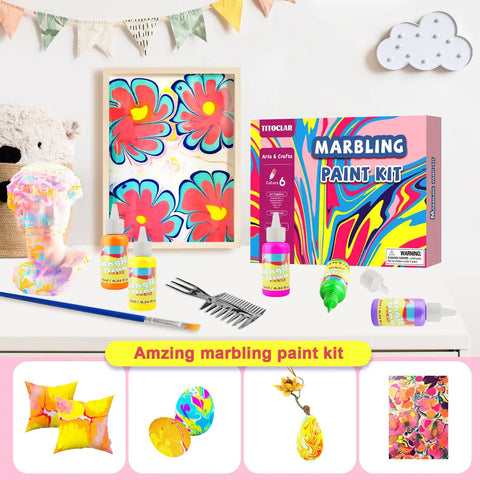 Water Marbling Paint Kit For Kids With 6 Vivid Colors, 16ml Each, Paper Sheets, Needles, Pipette, Spreader, Tray And Manual, A Fun STEM Arts And Crafts Gift For Boys And Girls Ages 3 To 12, Perfect Stocking Stuffers And Birthday Treats, with marbled flowers and supplies