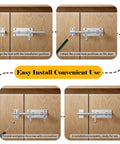 Tough As Nails Heavy Duty 6.3 Inch Barrel Bolt Door Latch installation steps on wooden doors showing alignment and screw placement.