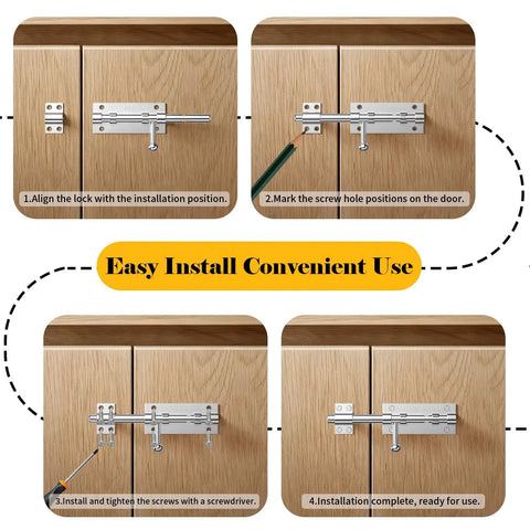 Tough As Nails Heavy Duty 6.3 Inch Barrel Bolt Door Latch installation steps on wooden doors showing alignment and screw placement.