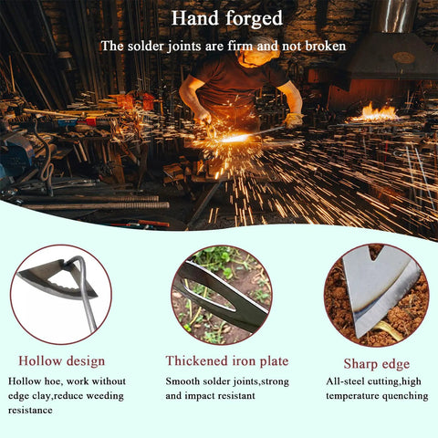 All Steel Hardened Hollow Garden Hoe For Tough Weeding And Edging showing hand forging process and tool design details.