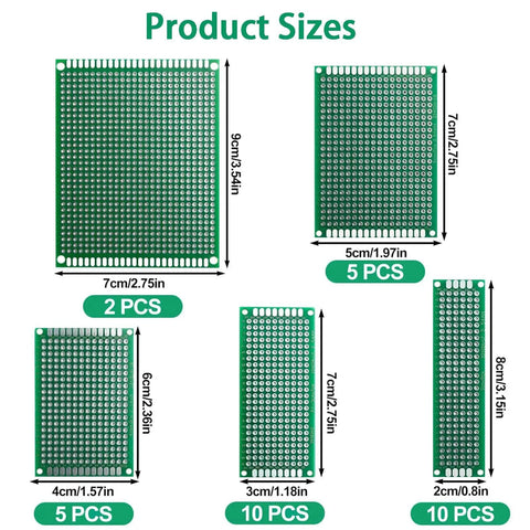 Image of 32 Pcs Double Sided PCB Board Kit Soldering Practice Set For DIY Electronics Projects In Five Sizes with measurements