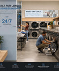 Huge 43 Inch Ultra Wide Digital Signage Display For Retail Shelves Flawlessly Combines Killer Clarity With Hella Bright 700 Nit Output And Dead Simple Plug And Play Shelf Setup For Your Store in a laundromat.