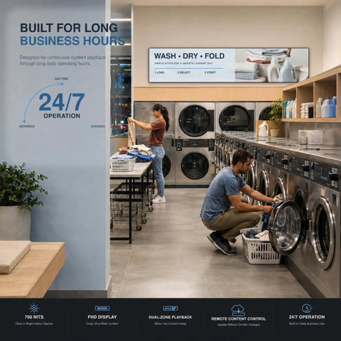 Huge 43 Inch Ultra Wide Digital Signage Display For Retail Shelves Flawlessly Combines Killer Clarity With Hella Bright 700 Nit Output And Dead Simple Plug And Play Shelf Setup For Your Store in a laundromat.