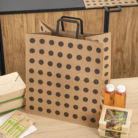 Polka Dot Kraft Paper Shopping Bags With Handles Large 15.9 By 9.8 By 17.3 Inch 100 Sustainable Takeout Bags for weddings and parties.