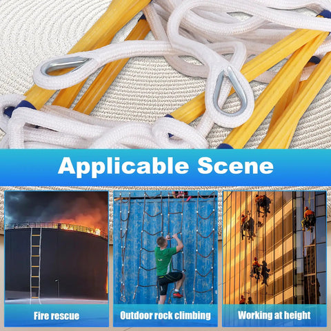 16 Ft Rope Fire Escape Ladder for 2 Story Homes and more, showcasing rescue, rock climbing, and work at height use scenes.