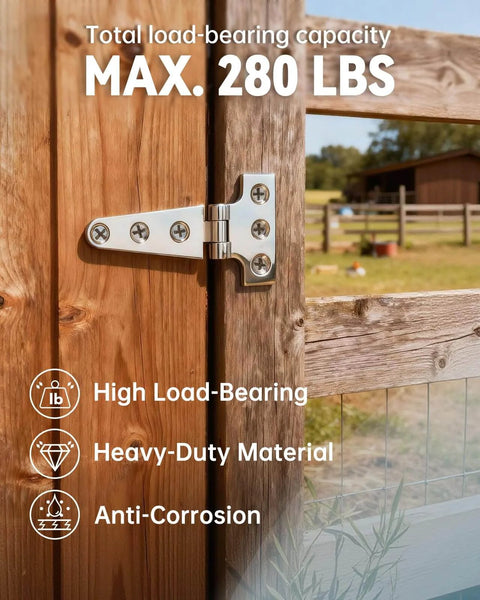 316 Stainless Steel T Hinges 8X4 Heavy Duty With Screws For Hatch Gate Door Fence Barn Cabinets Windows 4 Pack installed on wooden gate