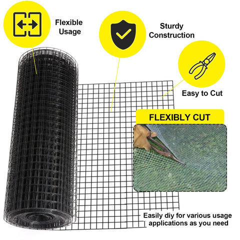 24-Inch By 50-Foot 16 Gauge Hardware Cloth With Black Vinyl Coating Welded Wire Mesh shown in roll and cutting example