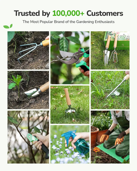 All In One 11 Piece Garden Tool Set With Heavy Duty Tools And Ergonomic Canvas Crossbody Bag Rust Proof Premium Kit collage image