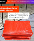 Dang Tough Insulated Concrete Blanket 6X25 Ft With Heavy Duty Grommets and Thick Foam Core for Winter Curing, bright orange color.