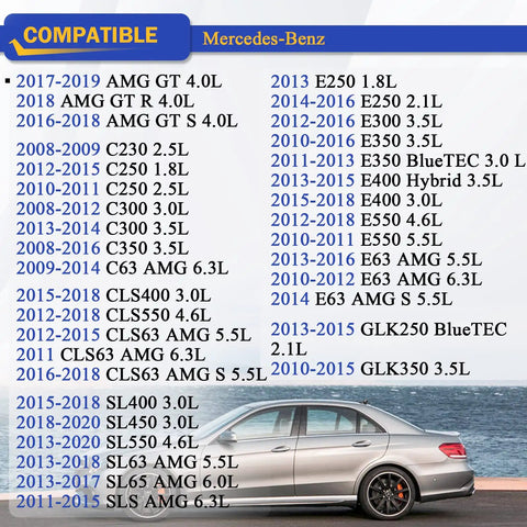 Compatibility chart for Mercedes-Benz Activated Carbon Cabin Air Filter For 2008 To 2020 Models with silver car illustration