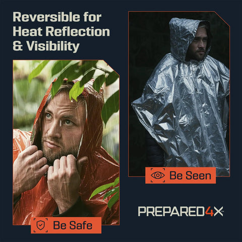 Emergency Mylar Poncho With Hood For Rain And Wind Lightweight Reusable Survival Blanket Poncho, reversible use, orange and silver.