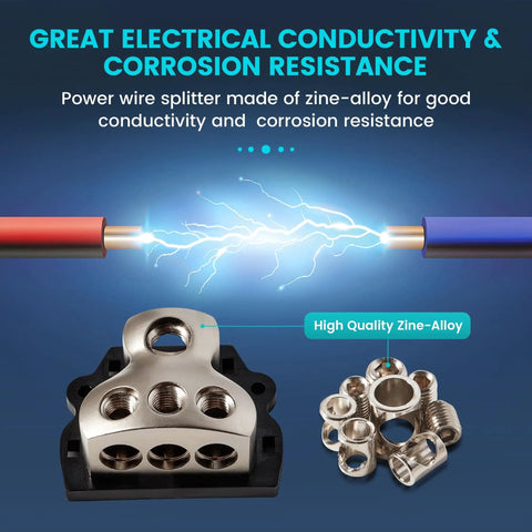 Beefy 3 Way Zinc Alloy Power And Ground Distribution Block For Car Audio, 0/2/4 Gauge In, 4/8 Gauge Out, Dual Pack Amplifier Wiring Splitter, Heavy Duty Ground Or Power Block For Auto Stereo installed with zinc-alloy terminals