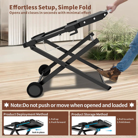 Heavy Duty Foldable Outdoor Grill Stand With Wide Ninja Woodfire And Blackstone Compatibility in folded position indoors