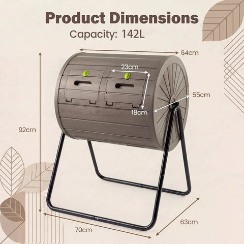 Front view of Dual Chamber 37.5 Gallon Rotating Compost Tumbler With Locking Doors No Fuss BPA Free Outdoor Bin for garden yard farm