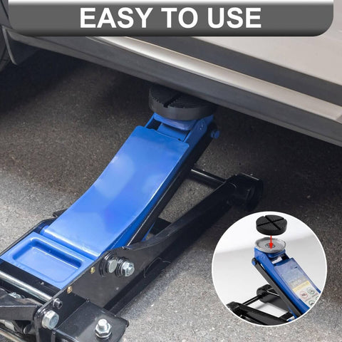 Universal Floor Jack Pad And Cross Beam Adapter For Pinch Weld Protection, 3 Ton Capacity, installed on vehicle, black pad