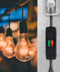 Two Way Outdoor Extension Cord With Independent On Off Switches, 3 Prong Heavy Duty SJTW 14AWG 15A/125V And 18AWG 10A/125V Power Cord next to hanging lights