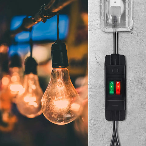 Two Way Outdoor Extension Cord With Independent On Off Switches, 3 Prong Heavy Duty SJTW 14AWG 15A/125V And 18AWG 10A/125V Power Cord next to hanging lights