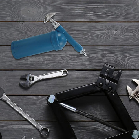 Mini Manual Grease Gun 80cc With Lock On Coupler And Precision Nozzle For Excavators And Cars Leak Proof Oiler For Industrial Equipment In Sky Blue For Heavy Duty Use Beefy Build on wooden surface