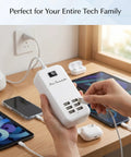 Six Port USB Charger Hub With US Plug Desktop Power Wall Adapter Cable Included Travel Charging Station in use on desk.