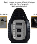Plug And Play Digital Tire Inflator With Hella Accurate Gauge Fast Auto Shut Off No Sweat Portable Air Compressor showing AC and DC power options.
