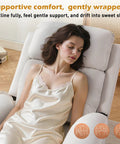 Woman relaxing in a Cozy Linen Recliner Chair With Padded Deep Seat And Side Pockets, Easy Manual Recline To Near Flat