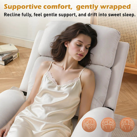 Woman relaxing in a Cozy Linen Recliner Chair With Padded Deep Seat And Side Pockets, Easy Manual Recline To Near Flat