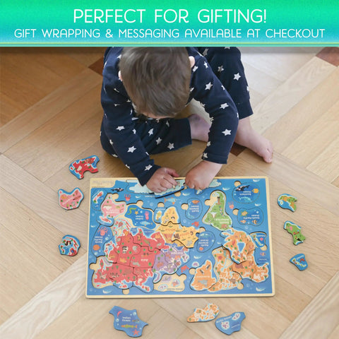 Child playing with World Map Wooden Puzzle For Kids Ages 4 To 6: Learn Continents And Oceans With Landmarks, Animals And Marine Life.