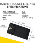 Black nylon case of Ratchet Rocket Lite NTX Plus Bike Repair Multitool, dimensions and material specifications displayed.