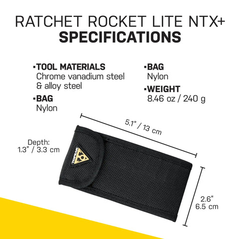 Black nylon case of Ratchet Rocket Lite NTX Plus Bike Repair Multitool, dimensions and material specifications displayed.
