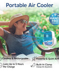 Woman enjoying Cordless Personal Air Cooler With USB Charging 3 Speed Options Universal Clamp 360 Degree Swivel on a chair.