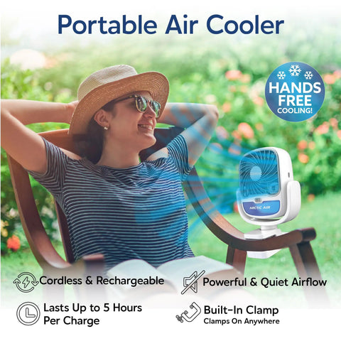 Woman enjoying Cordless Personal Air Cooler With USB Charging 3 Speed Options Universal Clamp 360 Degree Swivel on a chair.