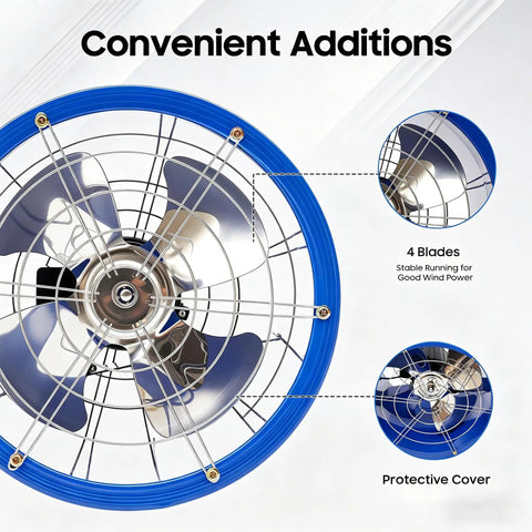 16 Inch Explosion Proof Axial Fan with 370W 110V Motor, beefy high velocity exhaust showing 4 stainless steel blades with blue rim.