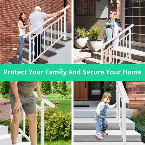 Built Tough Three Step White Metal Handrail For Outdoor Steps And Landings Featuring Solid Iron Frame With Tough Galvanized Coating, used for safety.