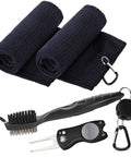 Golf Towel And Club Brush Set With Clip 16x24 Microfiber Towels Two Black Towels Plus Retractable Zip Line Brush And Heavy Duty Divot Tool