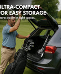 User loading the Ultra Lightweight Two Wheel Golf Push Cart Featuring A Smooth Glide Frame into a car trunk for easy storage.
