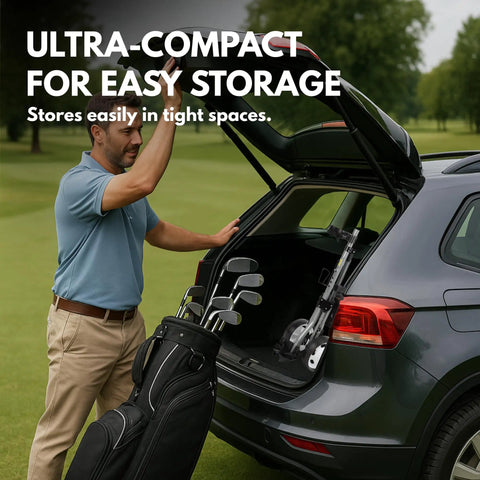 User loading the Ultra Lightweight Two Wheel Golf Push Cart Featuring A Smooth Glide Frame into a car trunk for easy storage.