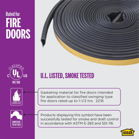 Rolled black silicone rubber gasket seal for doors and windows with yellow backing; M-D brand, 20 ft length.