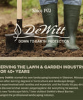 Gardener in boots with shovel in soil, promoting DeWitt's Heavy-Duty Weed Barrier Fabric for landscaping.
